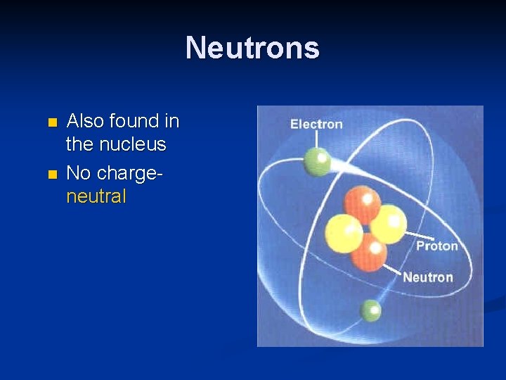 Neutrons n n Also found in the nucleus No chargeneutral 