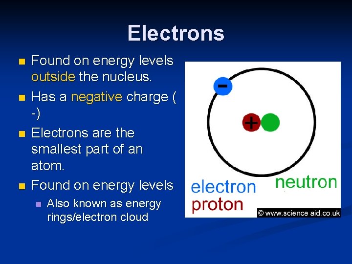 Electrons n n Found on energy levels outside the nucleus. Has a negative charge