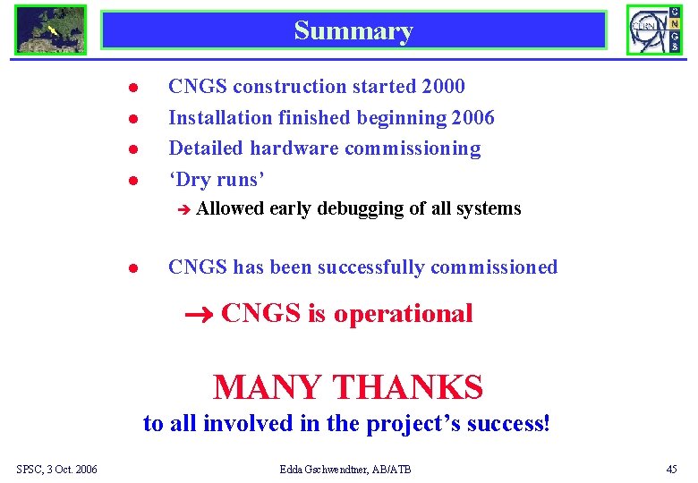 Summary l l CNGS construction started 2000 Installation finished beginning 2006 Detailed hardware commissioning
