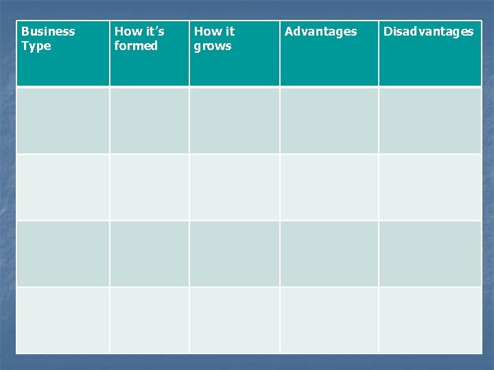 Business Type How it’s formed How it grows Advantages Disadvantages 