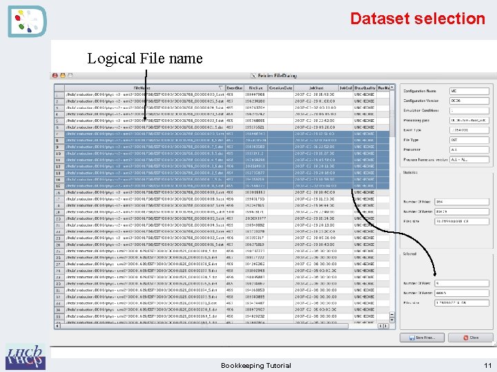 Dataset selection Logical File name Bookkeeping Tutorial 11 