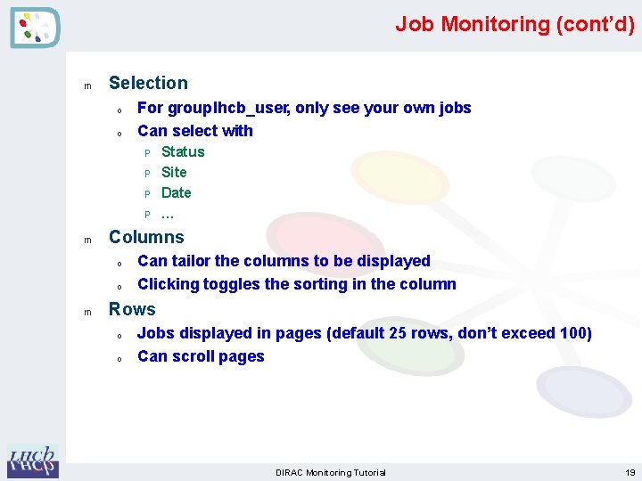 Job Monitoring (cont’d) m Selection o o For group lhcb_user, only see your own Job Monitoring (cont’d) m Selection o o For group lhcb_user, only see your own