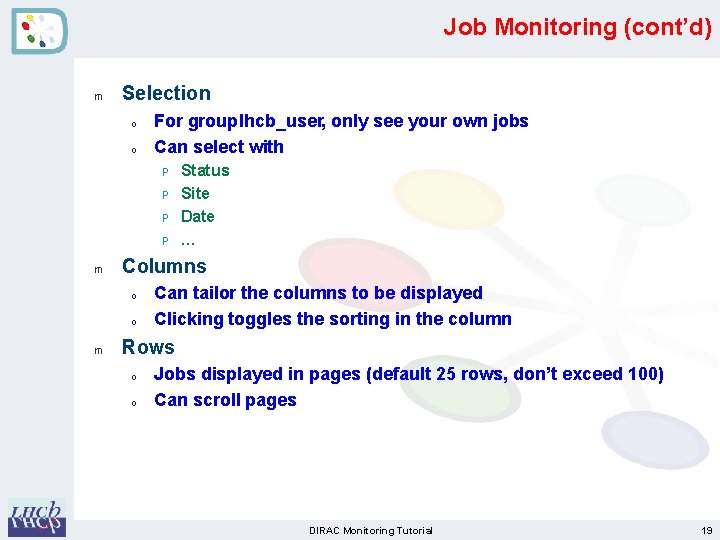 Job Monitoring (cont’d) m Selection o o For group lhcb_user, only see your own