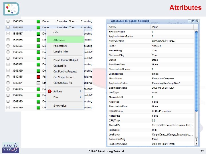 Attributes DIRAC Monitoring Tutorial 22 Attributes DIRAC Monitoring Tutorial 22
