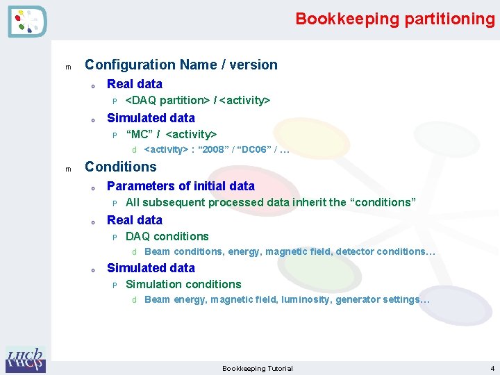 Bookkeeping partitioning m Configuration Name / version o Real data P o <DAQ partition> Bookkeeping partitioning m Configuration Name / version o Real data P o <DAQ partition>