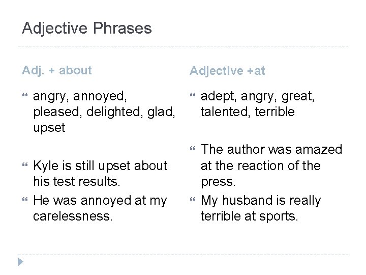 Adjective Phrases Adj. + about angry, annoyed, pleased, delighted, glad, upset Kyle is still