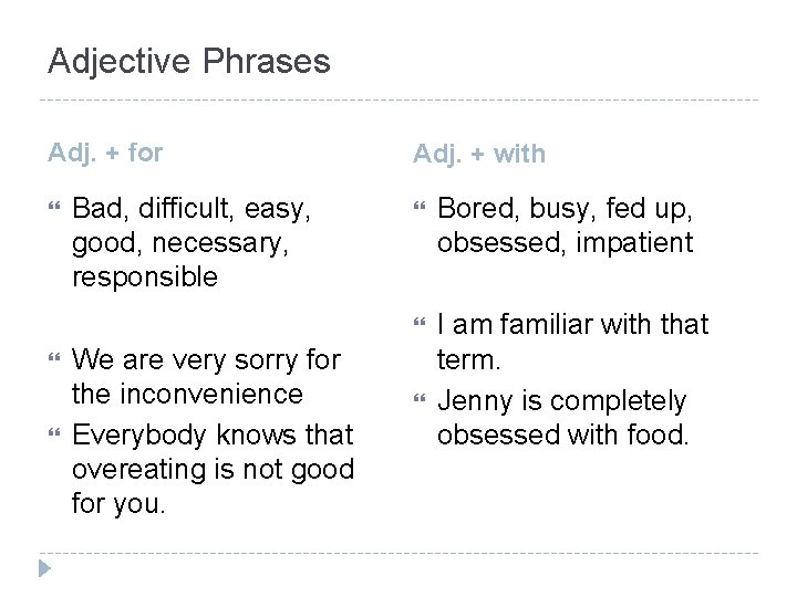 Adjective Phrases Adj. + for Bad, difficult, easy, good, necessary, responsible We are very