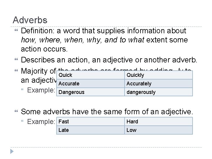 Adverbs Definition: a word that supplies information about how, where, when, why, and to