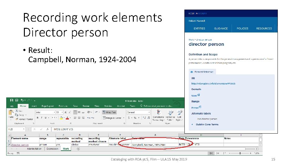 Recording work elements Director person • Result: Campbell, Norman, 1924 -2004 Cataloging with RDA