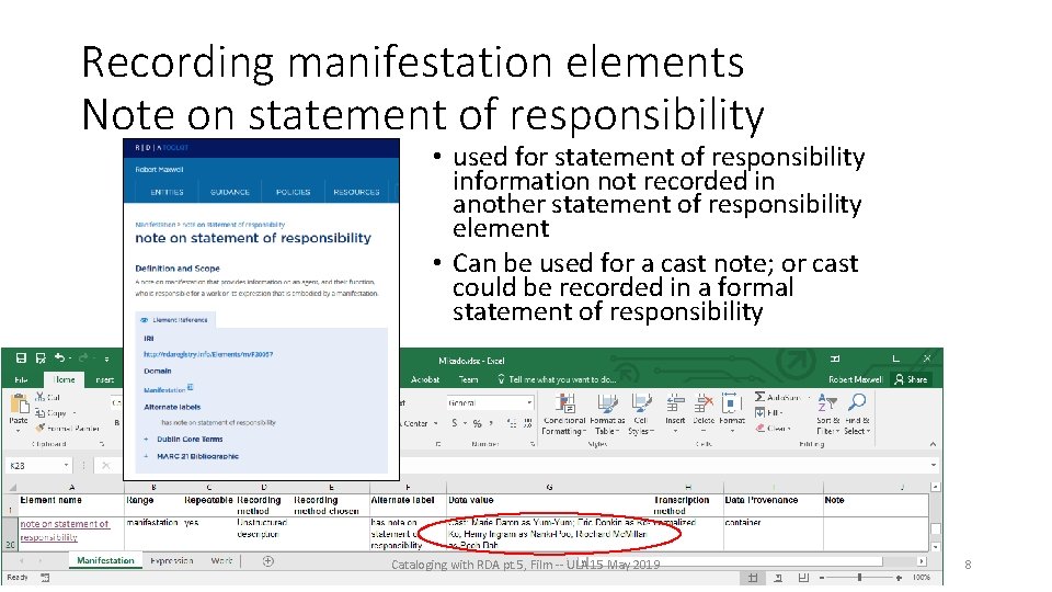 Recording manifestation elements Note on statement of responsibility • used for statement of responsibility