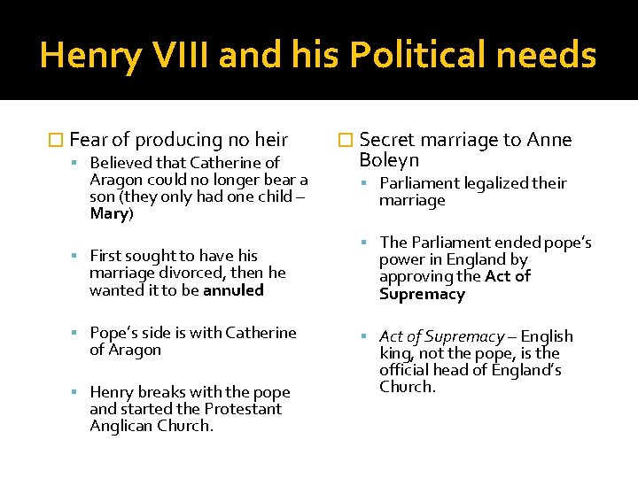 Henry VIII and his Political needs � Fear of producing no heir Believed that