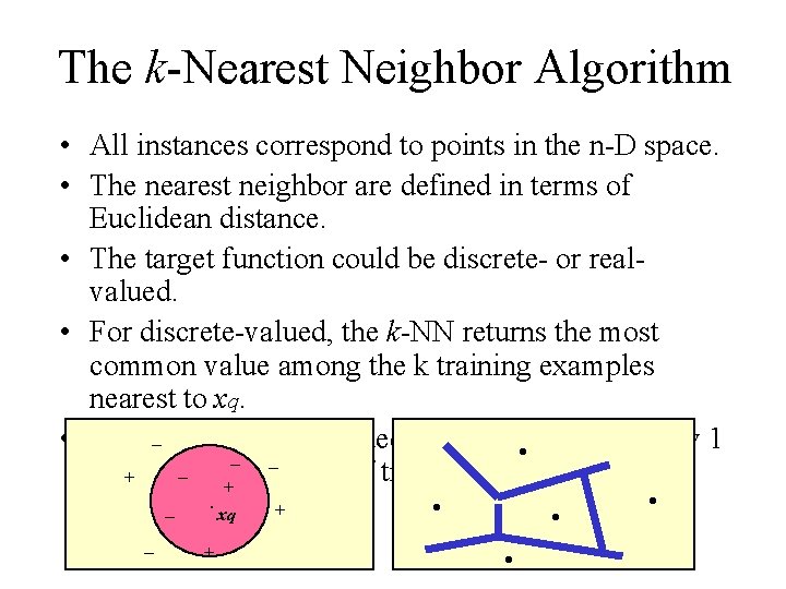 The k-Nearest Neighbor Algorithm • All instances correspond to points in the n-D space.