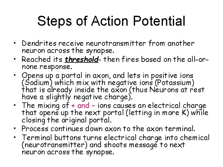 Steps of Action Potential • Dendrites receive neurotransmitter from another neuron across the synapse.