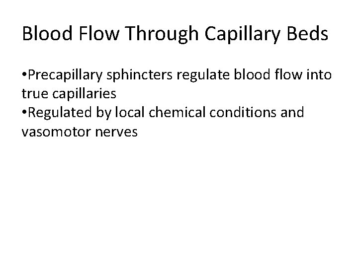 Blood Flow Through Capillary Beds • Precapillary sphincters regulate blood flow into true capillaries Blood Flow Through Capillary Beds • Precapillary sphincters regulate blood flow into true capillaries