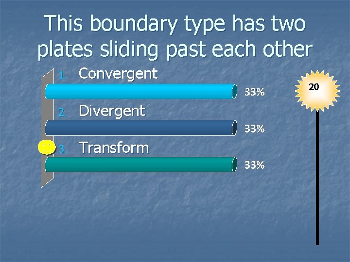 This boundary type has two plates sliding past each other 1. Convergent 2. Divergent