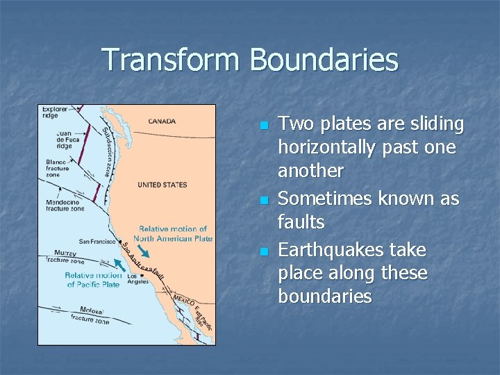 Transform Boundaries n n n Two plates are sliding horizontally past one another Sometimes