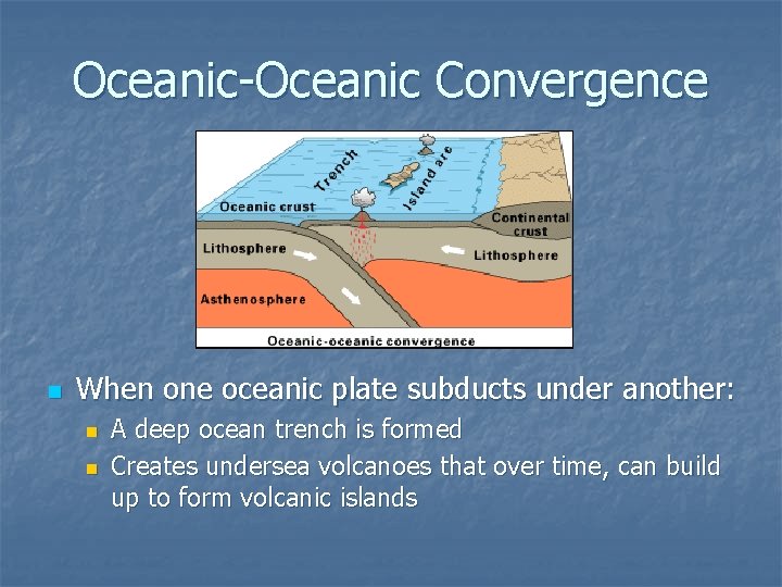 Oceanic-Oceanic Convergence n When one oceanic plate subducts under another: n n A deep