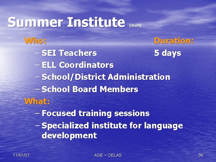 Summer Institute (draft) Who: Duration: – SEI Teachers 5 days – ELL Coordinators – Summer Institute (draft) Who: Duration: – SEI Teachers 5 days – ELL Coordinators –