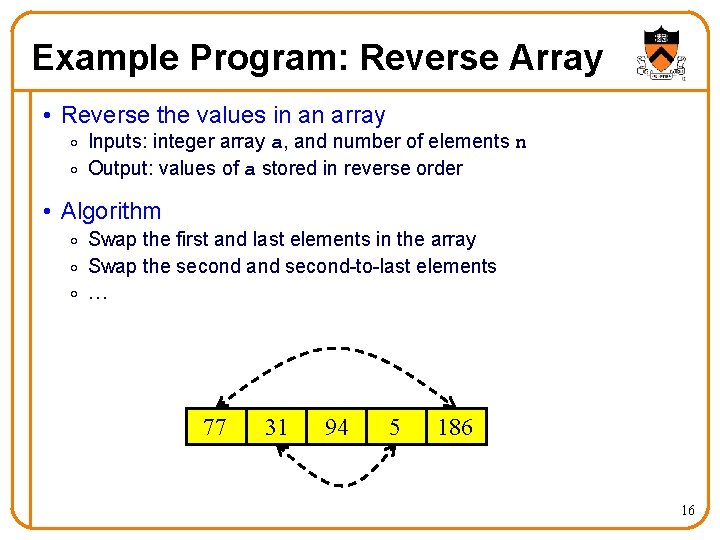 Example Program: Reverse Array • Reverse the values in an array o Inputs: integer Example Program: Reverse Array • Reverse the values in an array o Inputs: integer