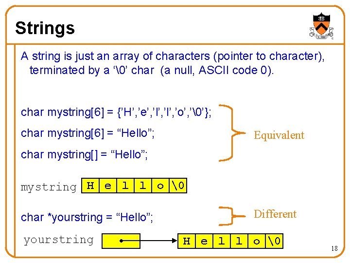 Strings A string is just an array of characters (pointer to character), terminated by Strings A string is just an array of characters (pointer to character), terminated by