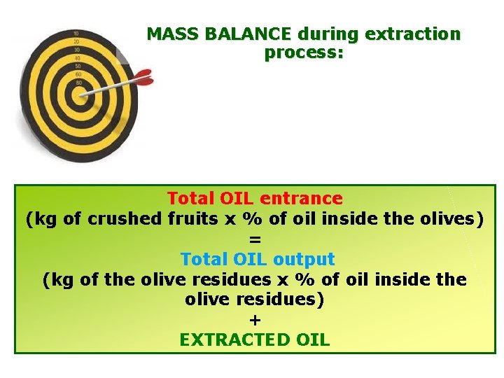 MASS BALANCE during extraction process: Total OIL entrance (kg of crushed fruits x %