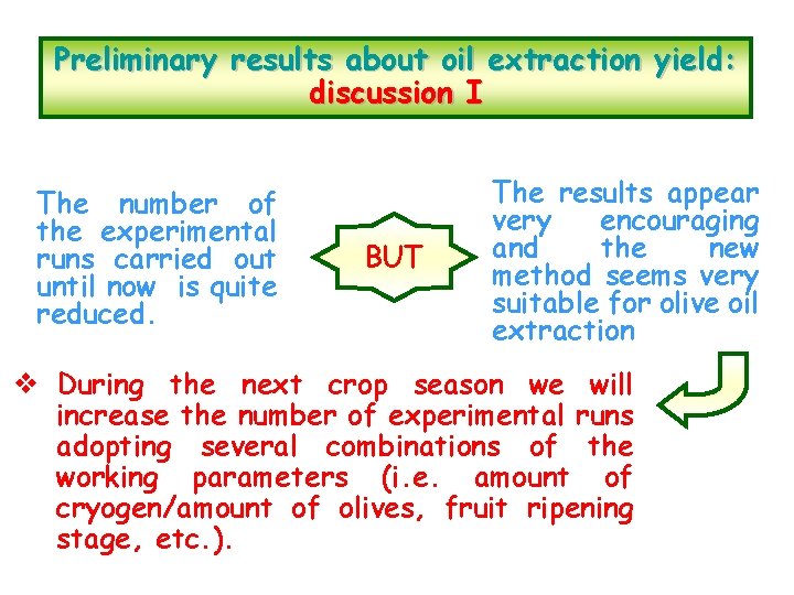 Preliminary results about oil extraction yield: discussion I The number of the experimental runs
