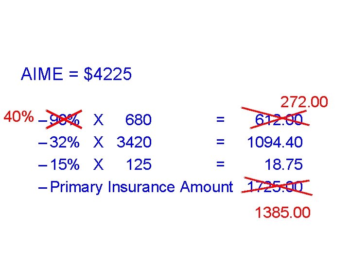 Example: AIME = $4225 272. 00 40% – 90% X 680 = 612. 00