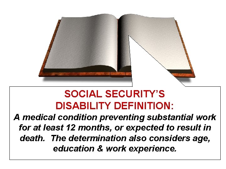 SOCIAL SECURITY’S DISABILITY DEFINITION: A medical condition preventing substantial work for at least 12