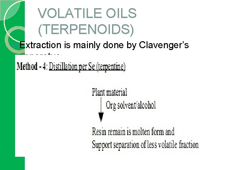 VOLATILE OILS (TERPENOIDS) Extraction is mainly done by Clavenger’s apparatus. 