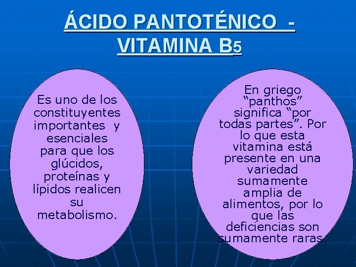 ÁCIDO PANTOTÉNICO VITAMINA B 5 Es uno de los constituyentes importantes y esenciales para