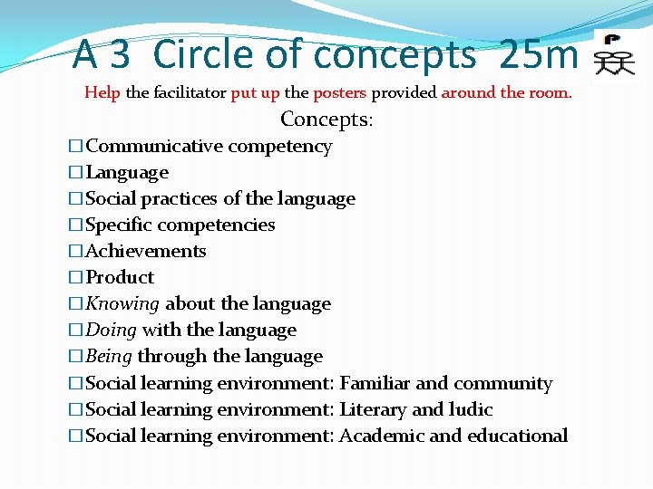 A 3 Circle of concepts 25 m Help the facilitator put up the posters