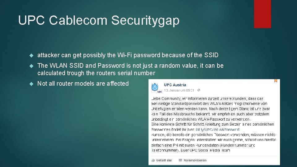 UPC Cablecom Securitygap attacker can get possibly the Wi-Fi password because of the SSID