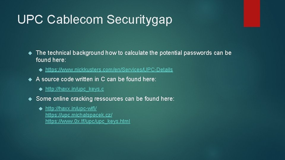 UPC Cablecom Securitygap The technical background how to calculate the potential passwords can be