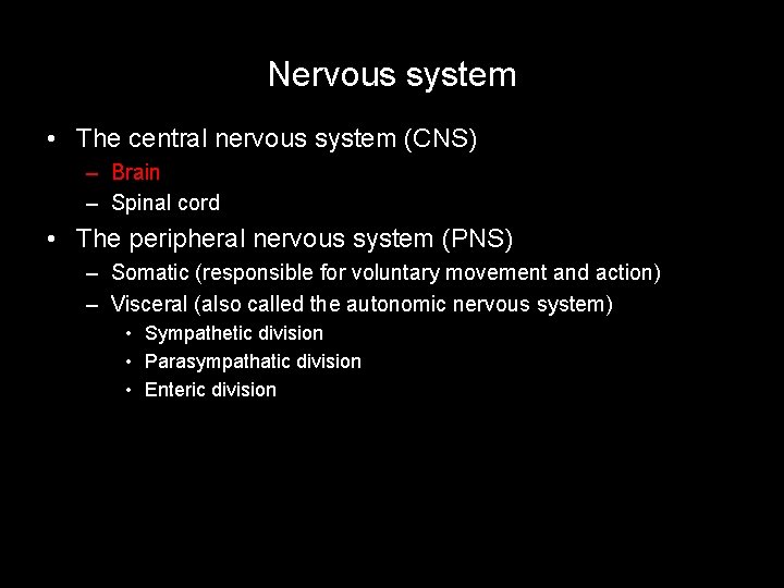 Nervous system • The central nervous system (CNS) – Brain – Spinal cord •