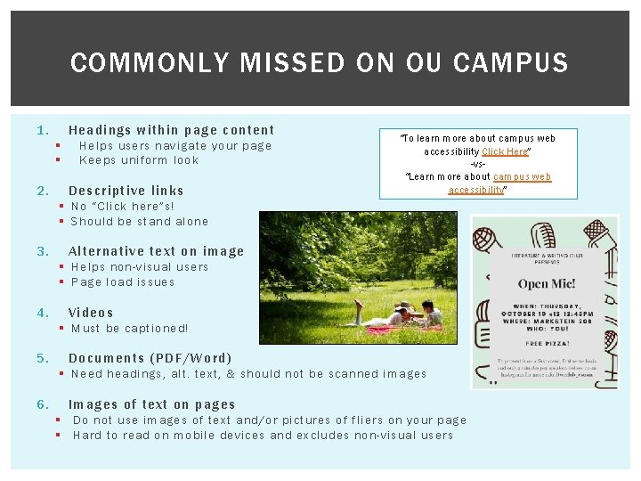 COMMONLY MISSED ON OU CAMPUS 1. H eadings within page content § § 2.