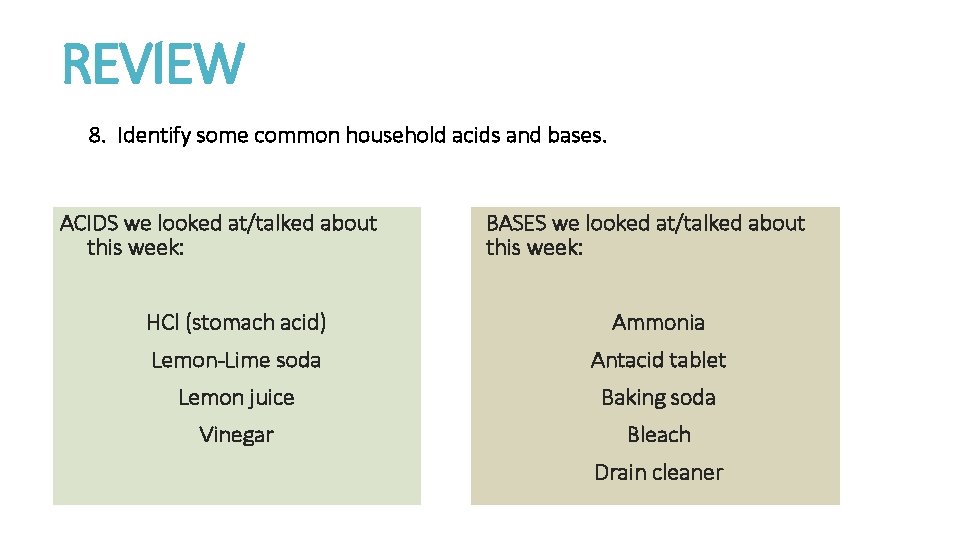 REVIEW 8. Identify some common household acids and bases. ACIDS we looked at/talked about