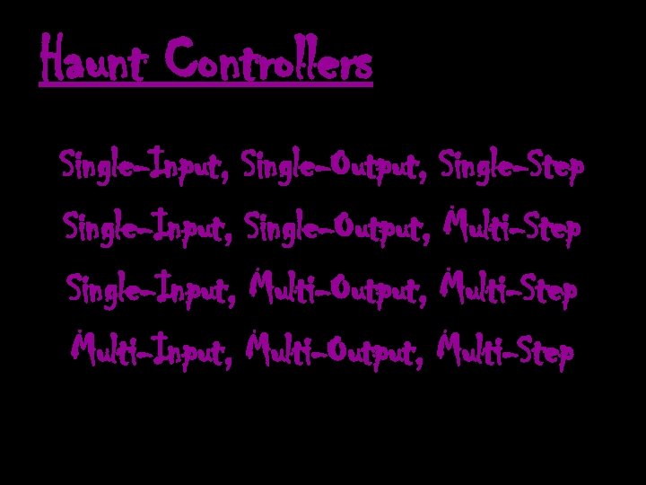 Haunt Controllers Single-Input, Single-Output, Single-Step Single-Input, Single-Output, Multi-Step Single-Input, Multi-Output, Multi-Step Multi-Input, Multi-Output, Multi-Step