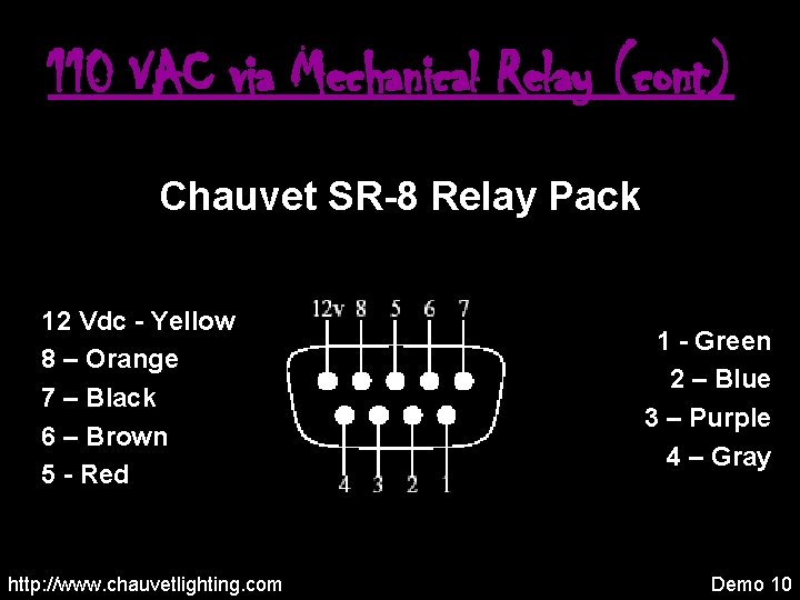 110 VAC via Mechanical Relay (cont) Chauvet SR-8 Relay Pack 12 Vdc - Yellow
