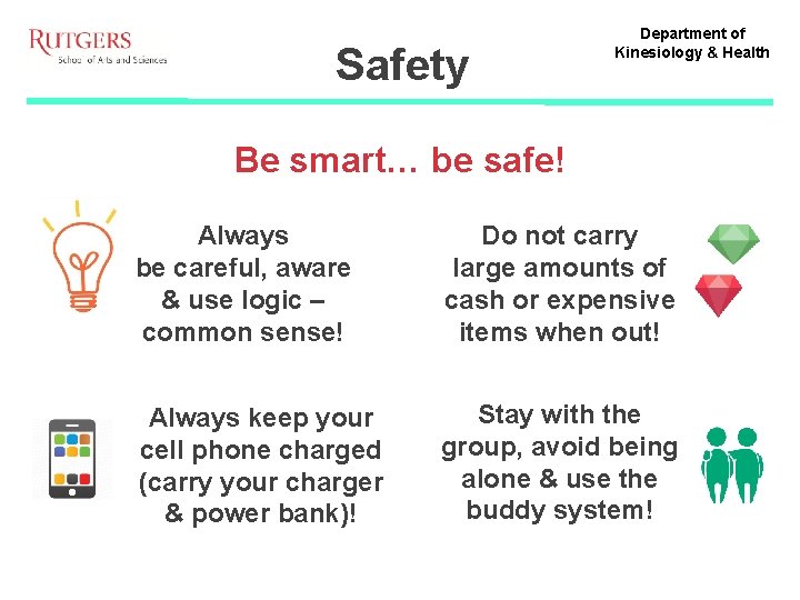Safety Department of Kinesiology & Health Be smart… be safe! Always be careful, aware