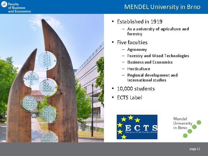 MENDEL University in Brno • Established in 1919 – As a university of agriculture