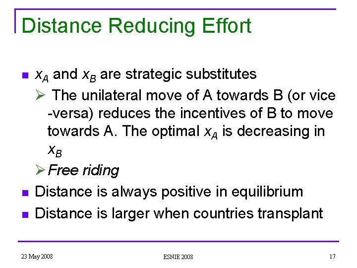 Distance Reducing Effort n n n x. A and x. B are strategic substitutes