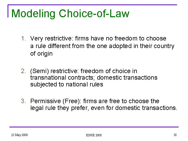 Modeling Choice-of-Law 1. Very restrictive: firms have no freedom to choose a rule different