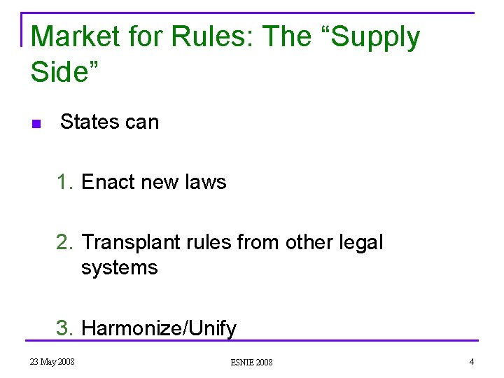 Market for Rules: The “Supply Side” n States can 1. Enact new laws 2.