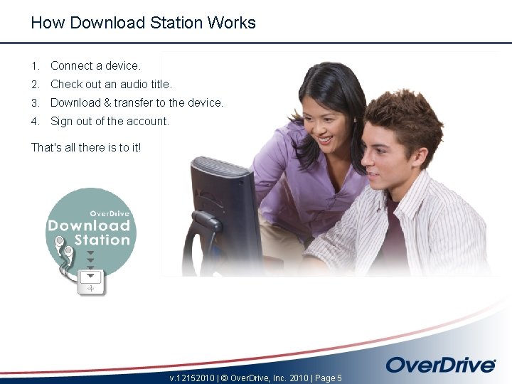 How Download Station Works 1. Connect a device. 2. Check out an audio title.
