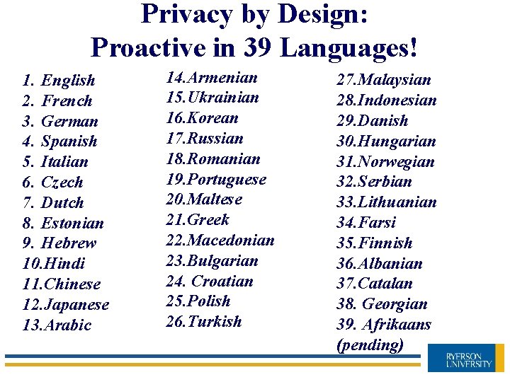 Privacy by Design: Proactive in 39 Languages! 1. English 2. French 3. German 4.