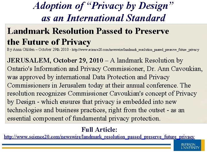 Adoption of “Privacy by Design” as an International Standard Landmark Resolution Passed to Preserve