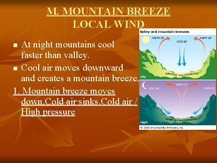 M. MOUNTAIN BREEZE LOCAL WIND At night mountains cool faster than valley. n Cool