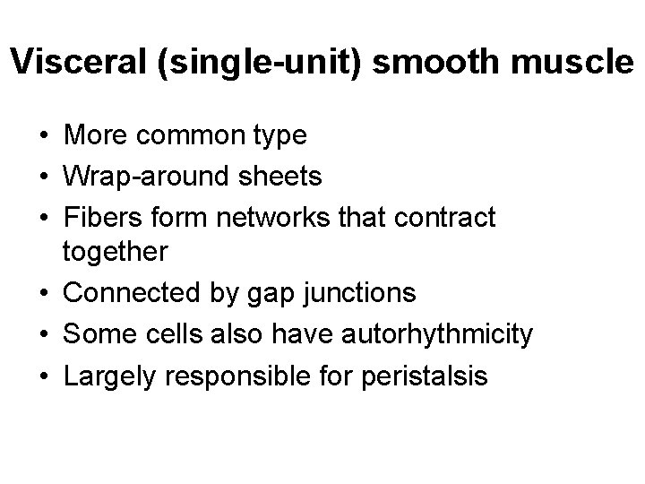 Visceral (single-unit) smooth muscle • More common type • Wrap-around sheets • Fibers form