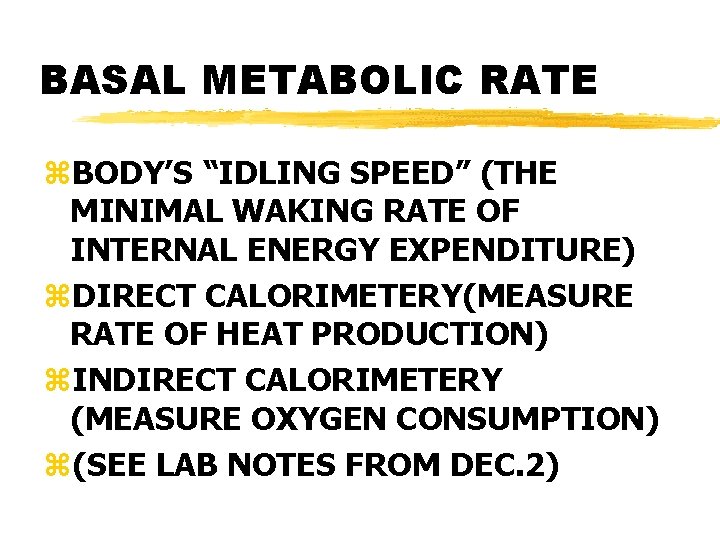 BASAL METABOLIC RATE z. BODY’S “IDLING SPEED” (THE MINIMAL WAKING RATE OF INTERNAL ENERGY