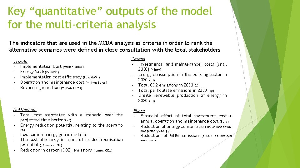 Key “quantitative” outputs of the model for the multi-criteria analysis The indicators that are